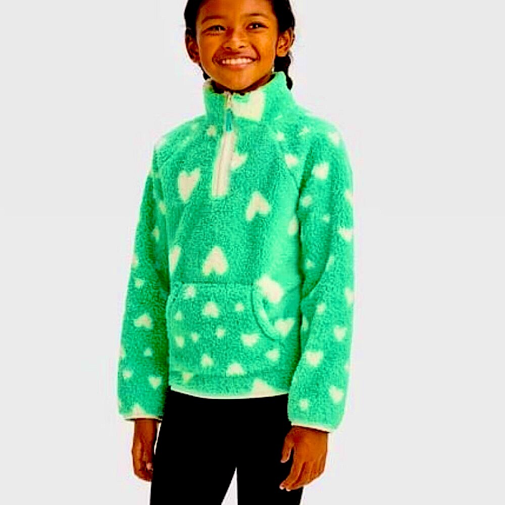 CAT & JACK Hearts Quarter Zip Fleece Sweatshirt Jacket Mint Green L(10-12)